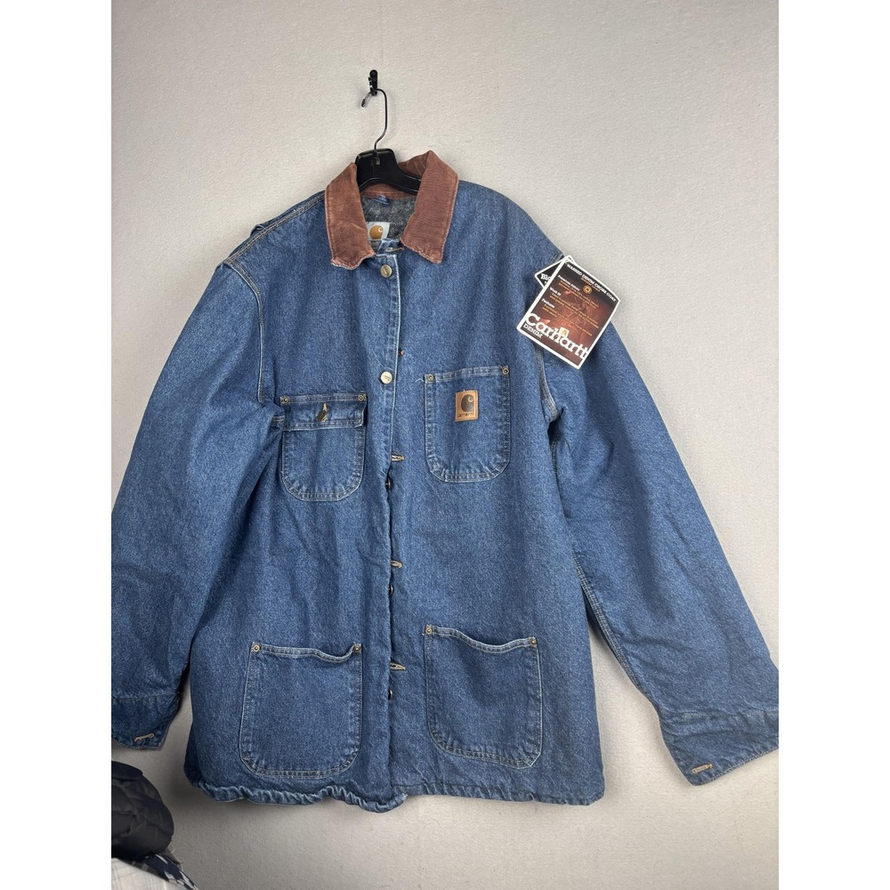 Carhartt Coat Mens Large Tall Blue Denim Blanket Lined Chore Workwear C59DST